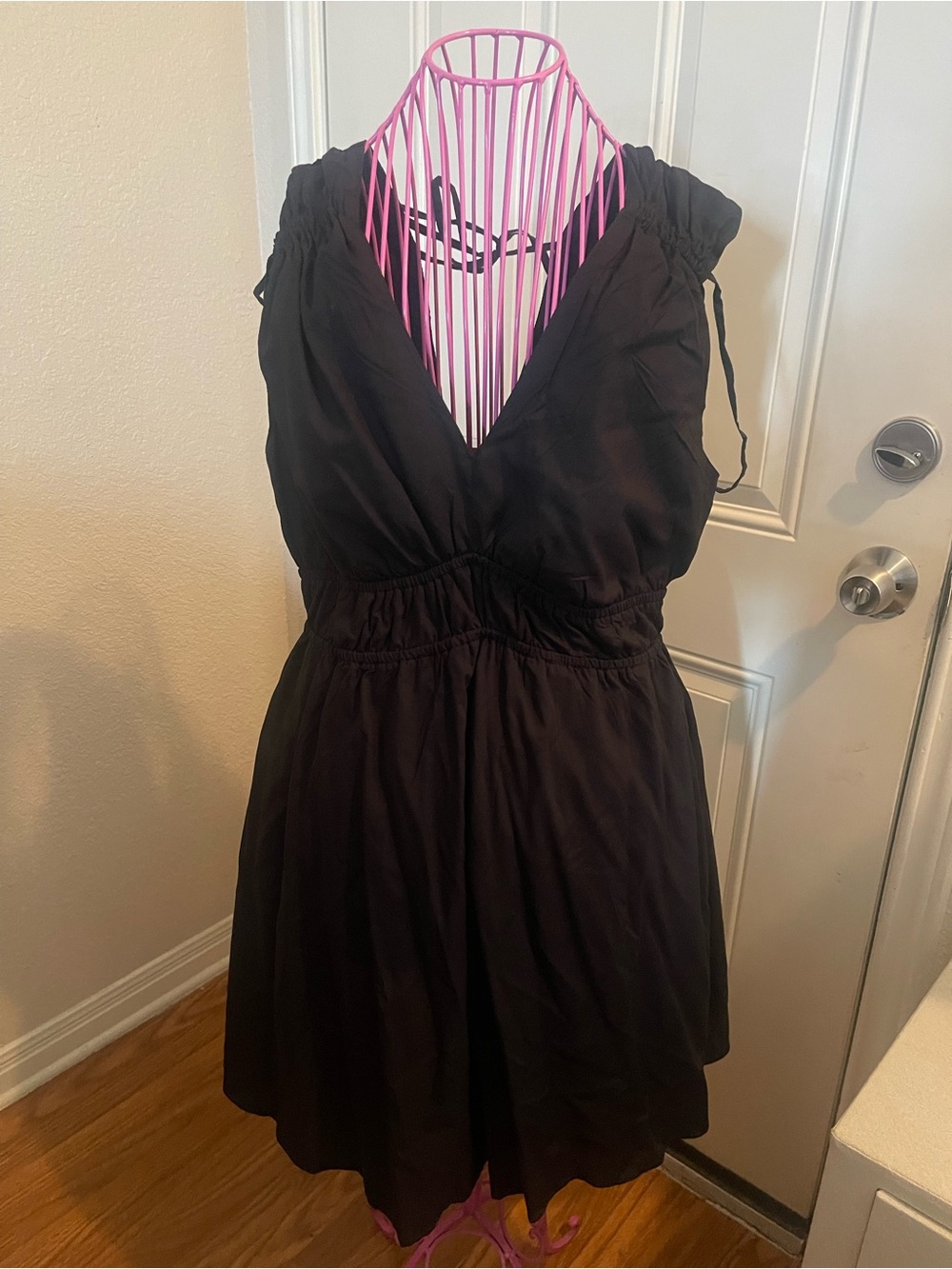 Time and Tru Black V-Neck Smocked Waist Mini Dress with Cap Sleeves